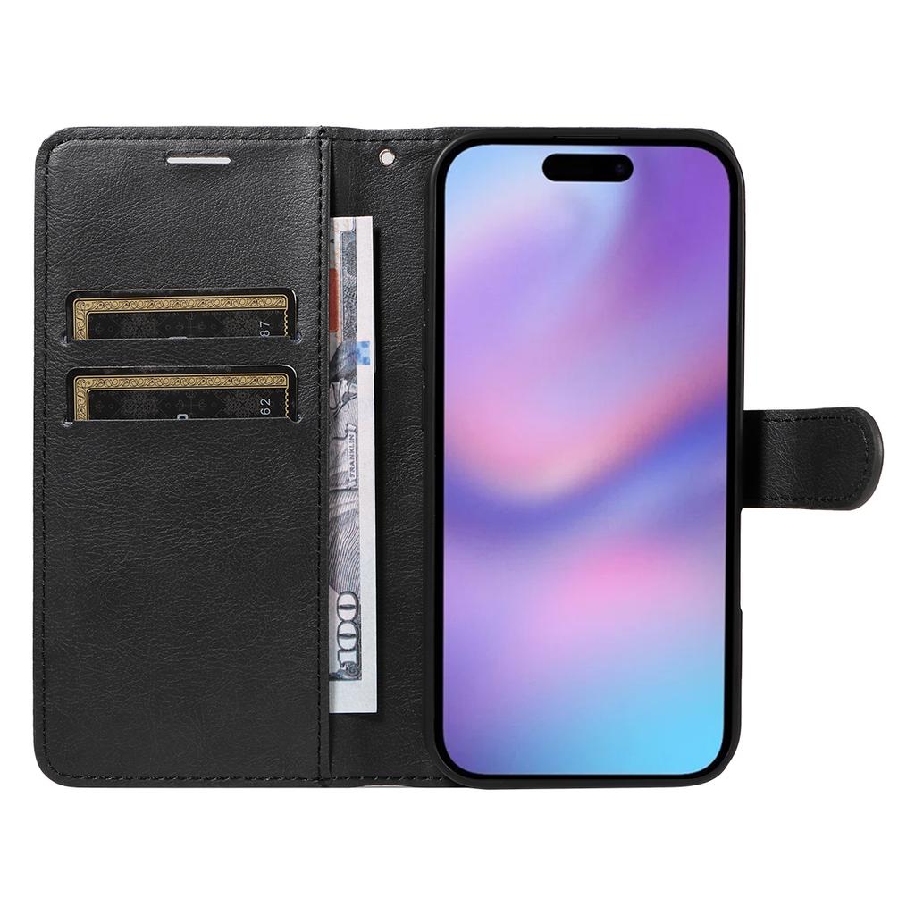 For iPhone 17 Leather Wallet Case with Strap Solid Color Phone Stand Cover
