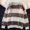 Pullover Stripe Design Sense Round Neck Sweater Women Korean Minority Soft Glutinous Lazy Knitted Top Long Sleeve Sweater Female