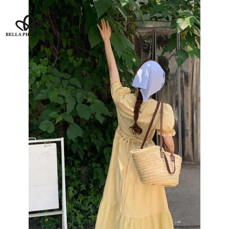 Summer New French Style Romantic Gentle V-neck Lace Stitching Puff Sleeve Tight Waist Slimming Solid Color Short Sleeve Dress