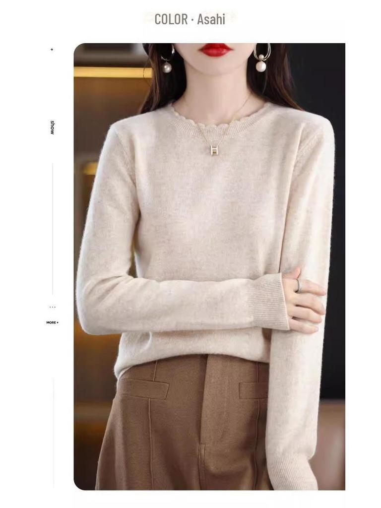 Женский повседневный кружевной свитер с круглым вырезом и длинными рукавами - мягкая вязка, коллекция осень/зима 2024 года