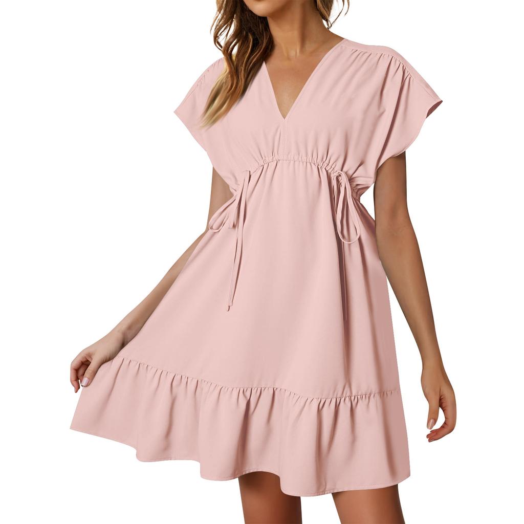 Womens Summer Dresses Short Sleeve V Neck Drawstring Casual Ruffle A-Line Swing Dress