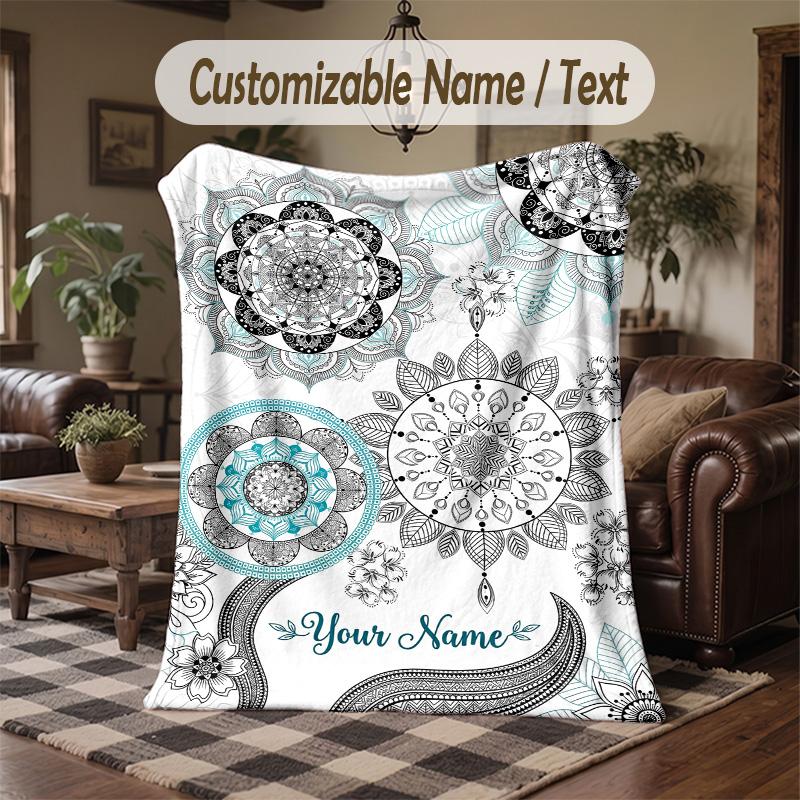 Mandala Art Cover Theme Throw Blanket Custom Name Text Personalized Blanket Soft Cozy Blanket for Home Sofa Bed