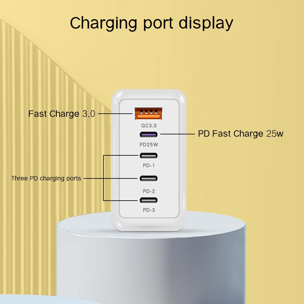 Многопортовое быстрое зарядное устройство 120 Вт - 4 порта + USB, Совместимо с Xiaomi, Apple, Type-C; Стандарты ЕС, США, Великобритании