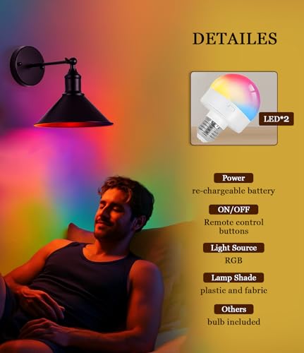 Wall Sconce: 2 Set RGB 15-Color Dimmable Wireless LED Light - Rechargeable Battery Operated Wall Lamp with Remote Control for Bedroom Farmhouse