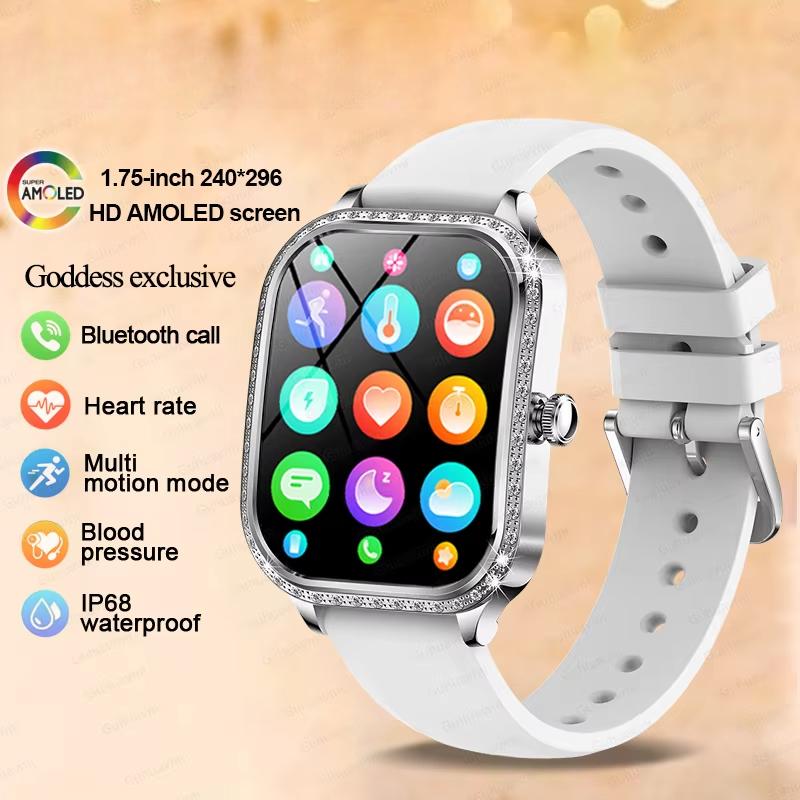 Fashion New Women Smart Watch AMOLED Curved Screen IP68 Waterproof Voice Bluetooth Call Heart Rate Blood Pressure Monitor Health Smartwatch