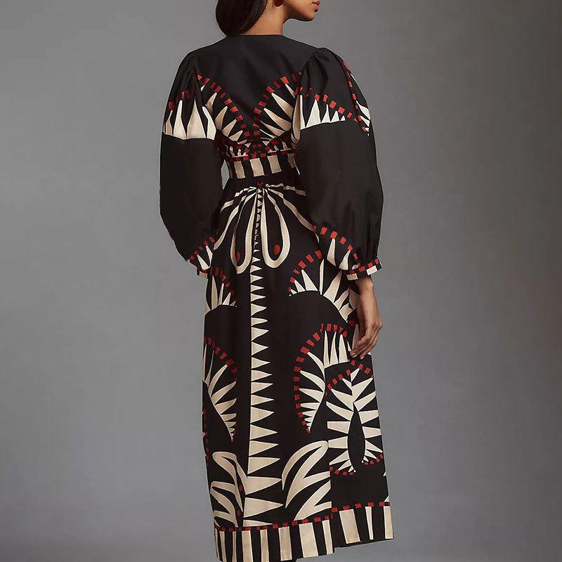 Black V-neck Printed Dresses Lantern Sleeve Lady High Waist Vintage Long Dress Classic Female Vocation Robes Outfits