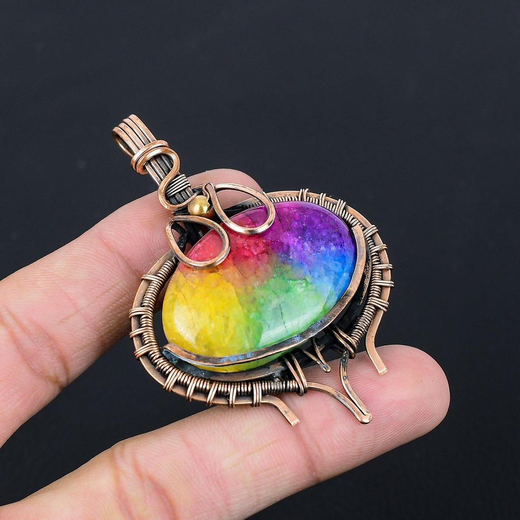 Rainbow Solar Quartz Gemstone Pure Copper Wire Wrapped Handmade Pendant Jewelry