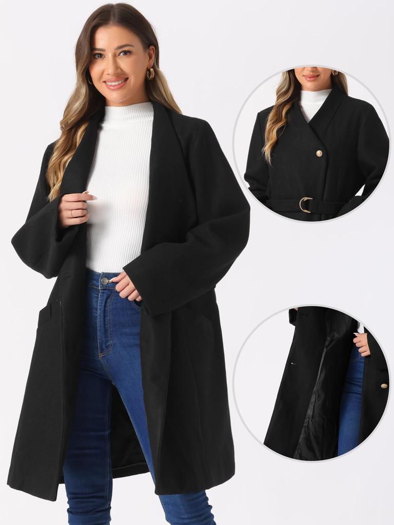 Allegra K Women's Button-Down Coat, Stand Collar, Long Sleeves, Belted, Winter Classic Long Coat, Black, Size M
