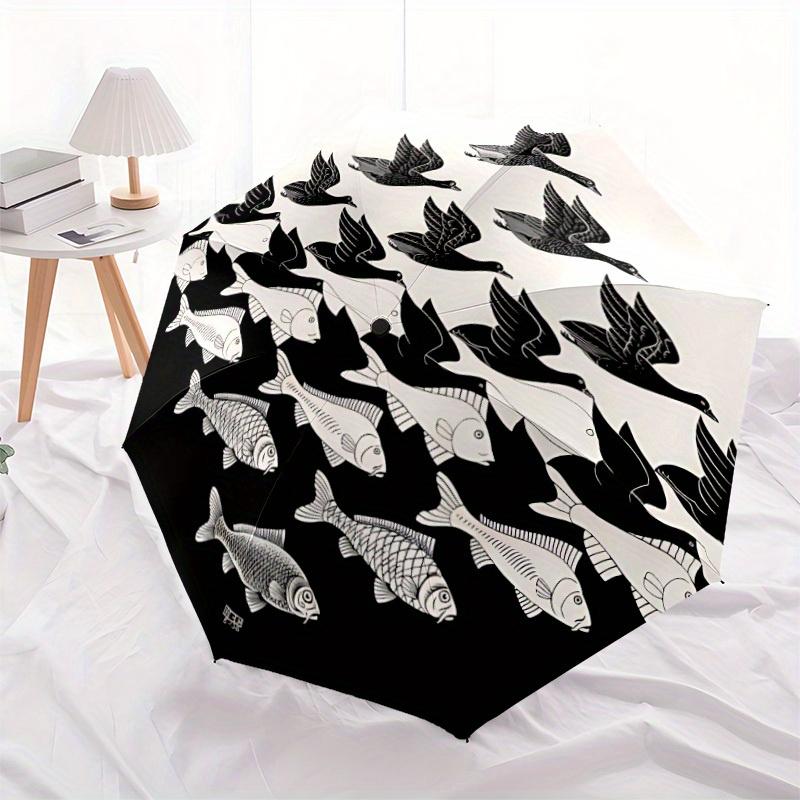 1pc Birds Fishes Automatic Open/close Folding Compact Umbrella, 8-Rib Sturdy Canopy, Lightweight Portable, Everyday Use, Gift, Outdoor Umbrella, Trave