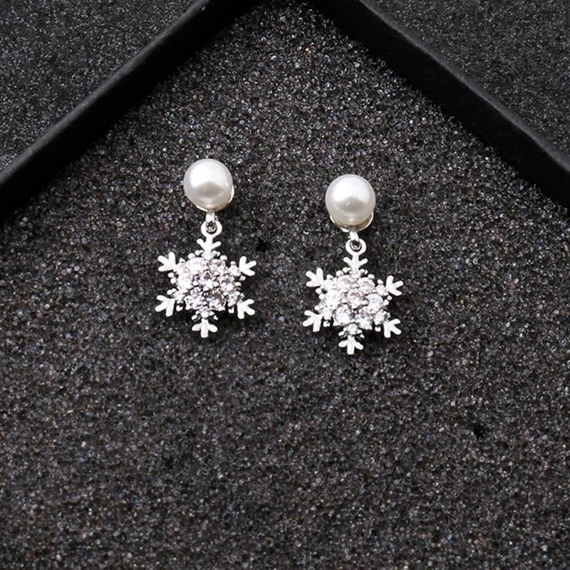 Temperament Inlaid Zircon Snowflake Artificial Pearl Drop Earrings For Women
