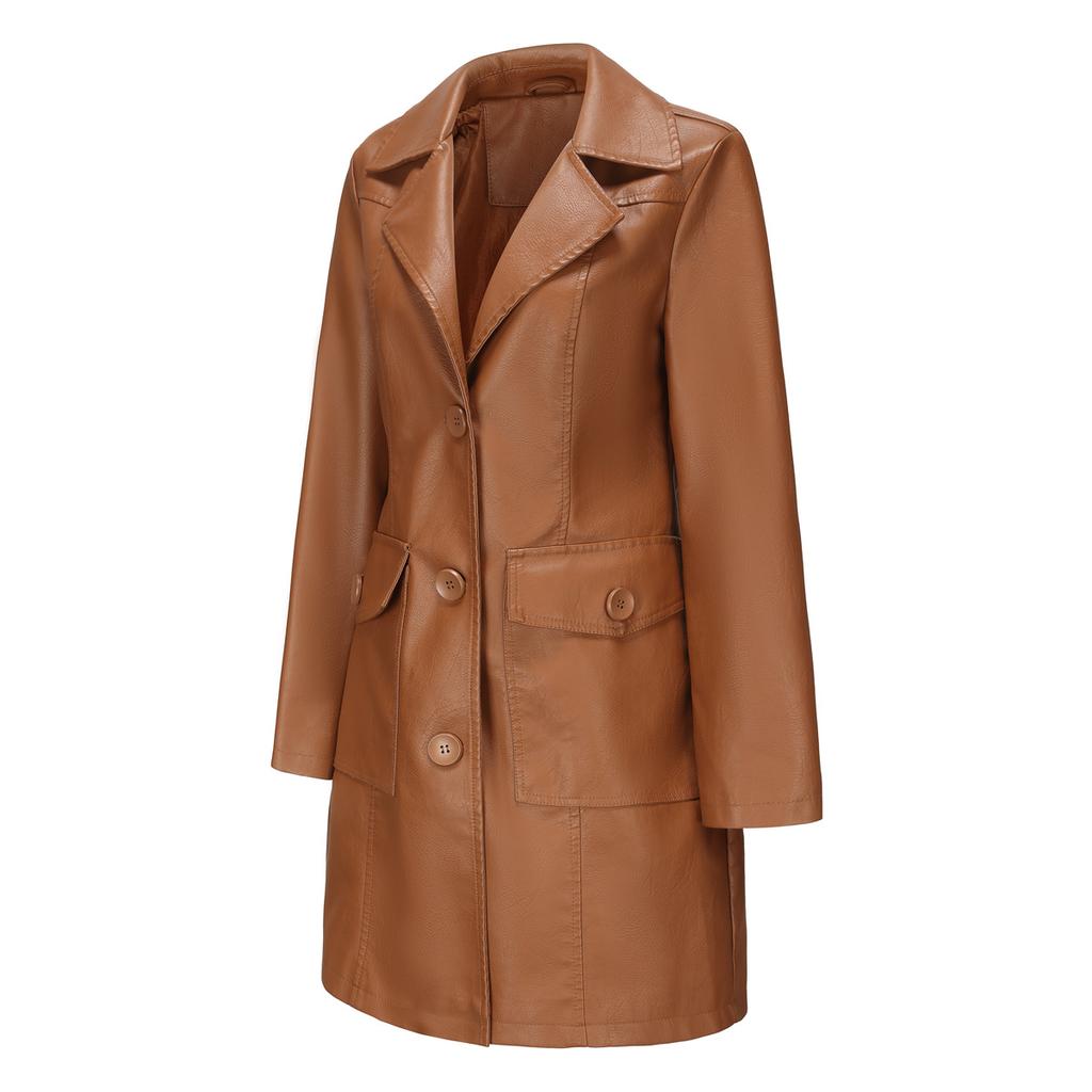 Long Leather Jacket Spring and Autumn Long-sleeved Leather Trench Coat Fashion Female Lapel Single-breasted Jacket