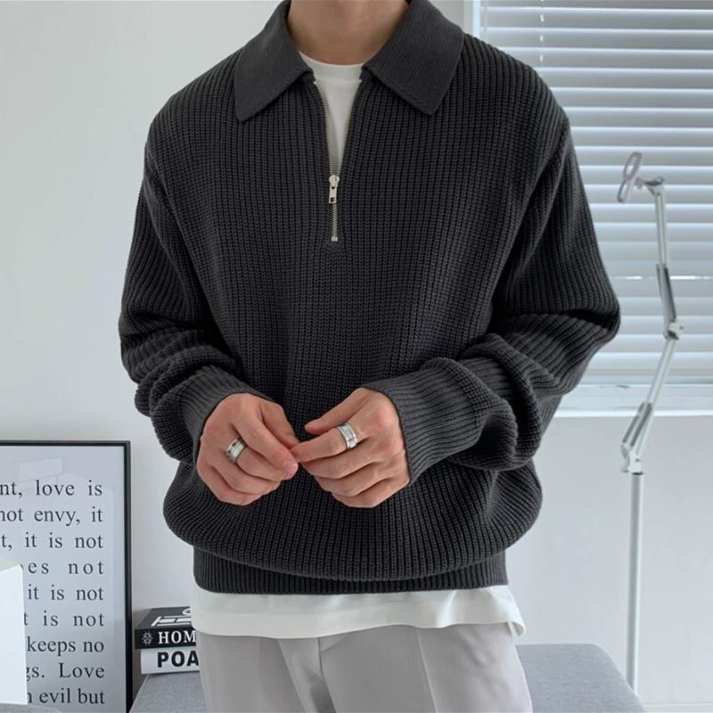 POLO Collar Sweater Men's Winter Thickened Loose Half-Zip Knit Sweater Autumn and Winter Lazy Japanese Retro Jacket