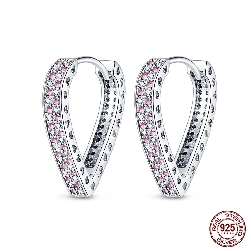 100% 925 Sterling Silver Rose Gold Heart Geometric Pave CZ Hoop Earrings for Women Wedding Engagement Birthday Jewelry Gift 2023