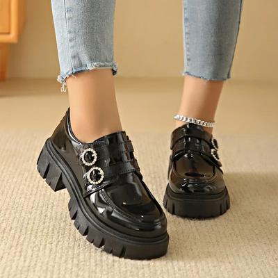 2024 Новая мода однотонные туфли на каблуках с ремешком, украшенные стразами, женская обувь на толстой подошве с удобной пряжкой, весна и осень