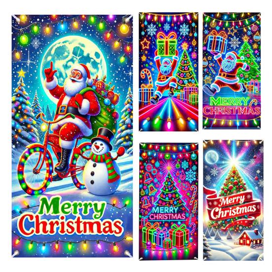 Fluorescent Christmas Door Cover 71x35 Inch Glow In The Dark Door Banner with Santa Tree Gift Box for Winter Front Door Party Wall Decor