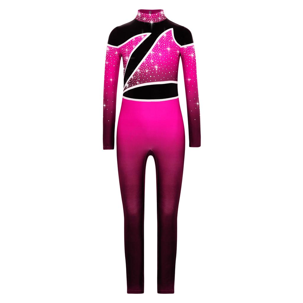 Комбинезон для девочек с цветными блоками, воротником-стойкой, длинными рукавами, вырезом-замочной скважиной на спине, со стразами, для танцевальных выступлений