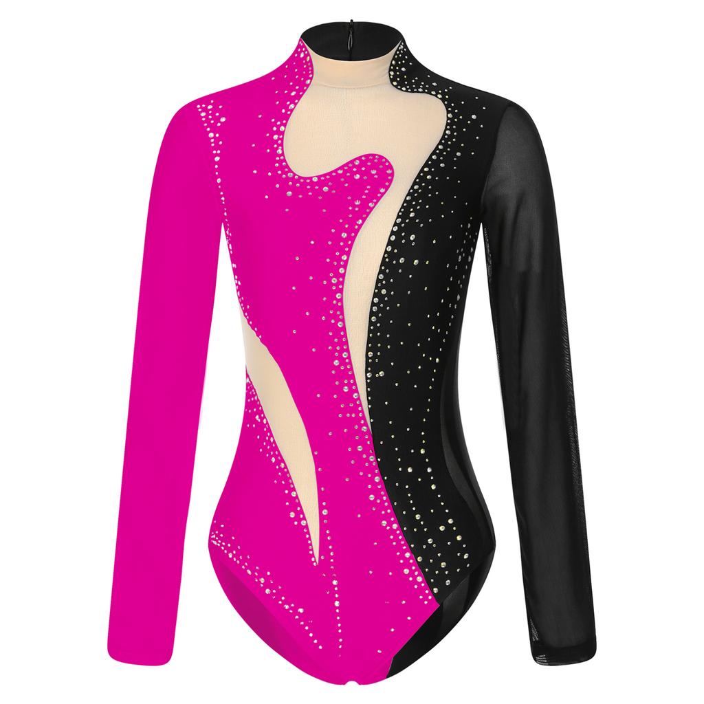 Womens Color Block Patchwork Leotard Sparkling Rhinestone Sheer Mesh Long Sleeve Bodysuit for Gymnastics Acrobatics Dance