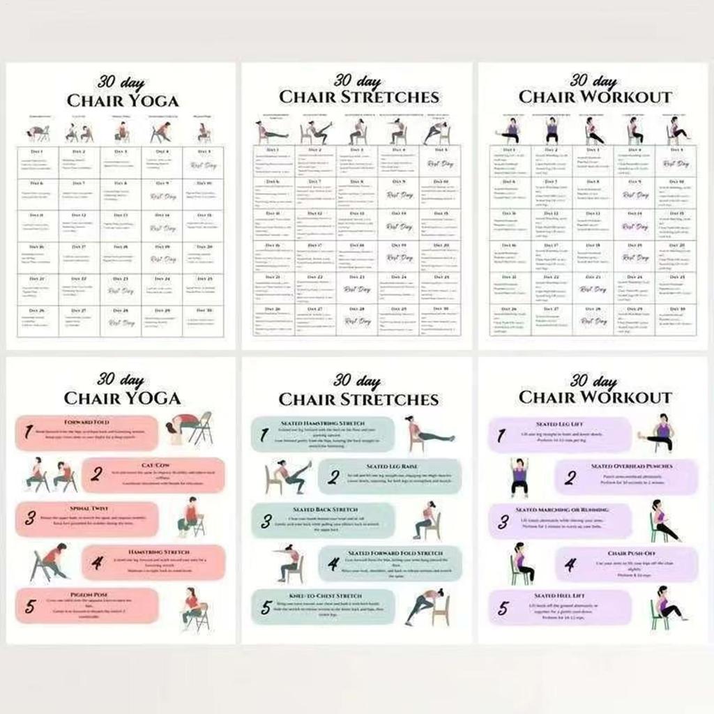 Chair Exercises For Seniors 30-Day 6 Pieces Fitness Cards Chair Yoga Book For Travel Morning Working Family Friends Sports