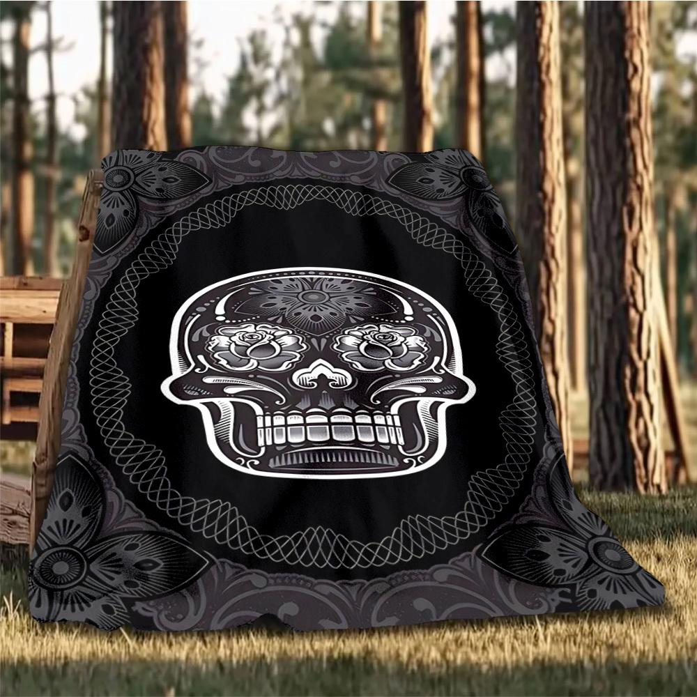 1pc Sugar Skull Decor Outdoor Flannel Blanket , Machine Washable Perfect Gift for Birthday , Holiday Travel Accessory , Durable Material