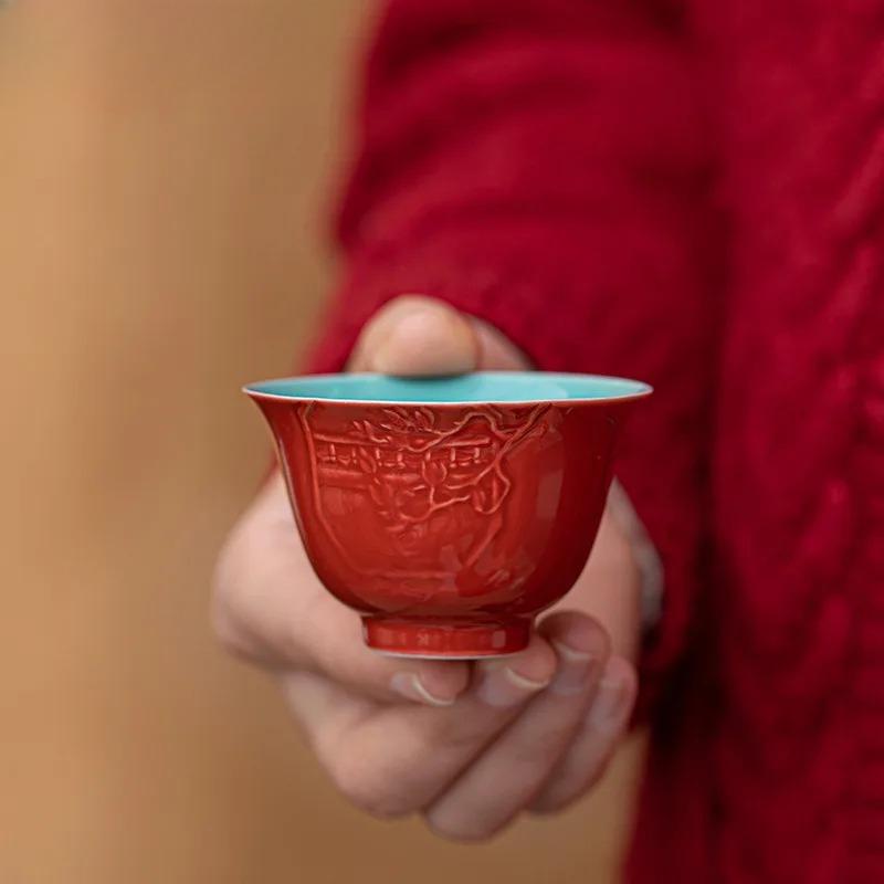 2pc/lot Palace Museum Red Carving Jade Orchid Teacup Traditional Tea Bowl Cute Cup Personal Cup Chazhan Master Cups Teaware 60ml