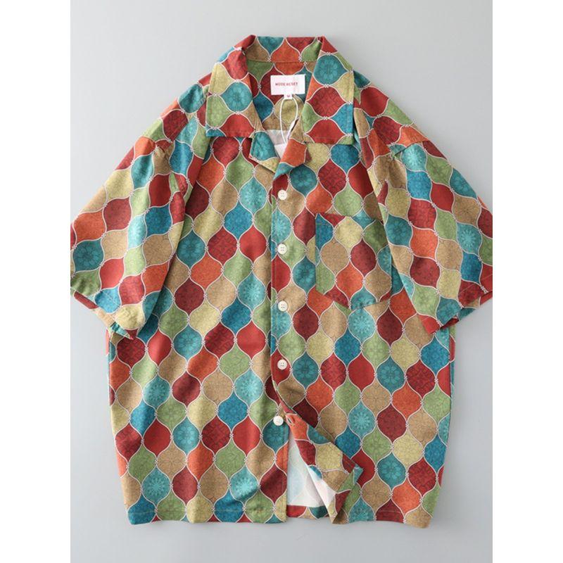 Рубашка с кубинским воротником Мужская с коротким рукавом Ретро Летняя Свободного кроя Ледяной шелк Модная Модная Куртка Экспорт Экспорт Мужская рубашка