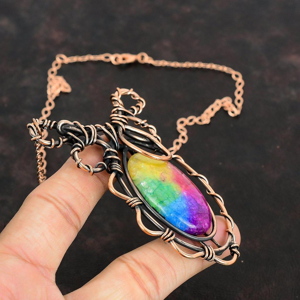 Ожерелье Друза Радужного Солнечного Кварца, Ожерелье из Драгоценного Камня, Оплетенное Медной Проволокой, Ожерелье с Регулируемой Цепочкой, Медные Украшения Ручной Работы, Подарки на Помолвку