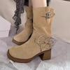 Женская обувь, 2024, женские сапоги на высоком каблуке в стиле кантри, ретро, ​​женские ботинки до середины икры с металлической пряжкой, Zapatos Chunky Mujer
