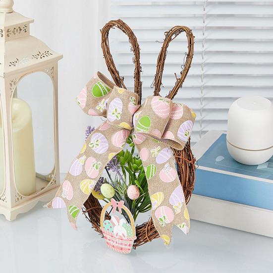 Венок пасхального кролика из ротанга, плетеный в форме кролика, венок с бантом, искусственная зелень для камина, двери, стены, окна, декор