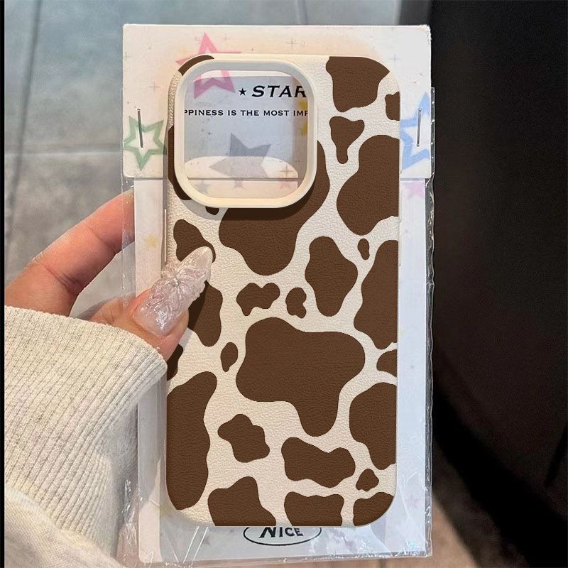 Phone Case Brown Cow Print Anti-Drop Lychee Pattern For iPhone 17 Air 11 13 14 12 15 16 Pro Max XS XR 7 8 Plus 16E Bumper Cover