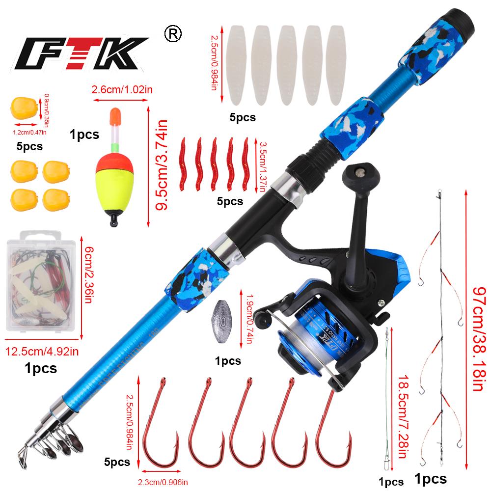 FTK Complete Fishing Kit: 1.8m/5.91ft Lightweight Fibreglass Spinning Rod and Reel Combo Cool Pack - for Fresh and Salt Water, Hooks