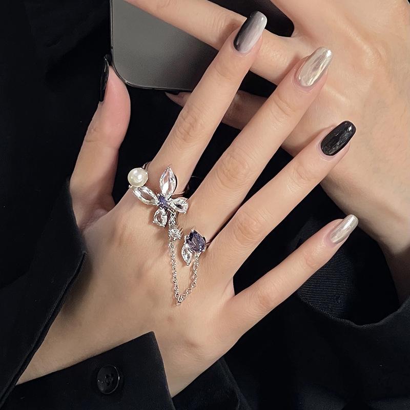 Niche Design 2-Piece Chain Butterfly Pearl Zircon Personality Sweet And Cool Open Ring Female Cold Wind