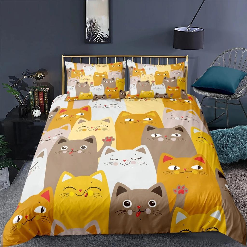 Cat Duvet Cover Polyester Pattern with Hipster Playful Feline Characters, Decorative 3 Piece Twin Bedding Set with 2 Pillow Sham