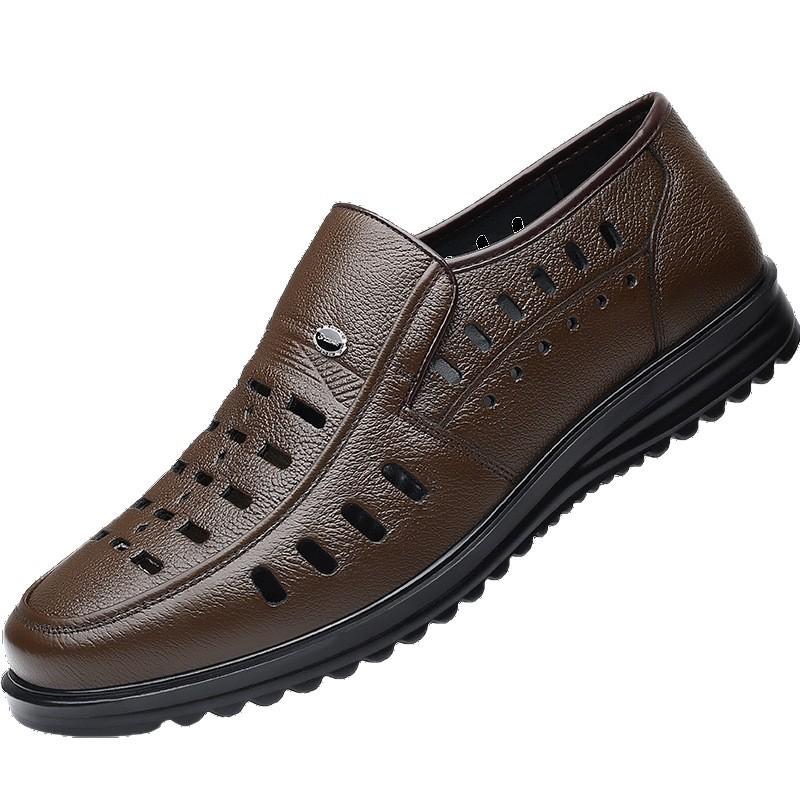 Men's Leather Shoes Men's Casual Middle-aged and Elderly Men's Shoes Soft-soled Leather Sandals Hollow Breathable Dad Shoes