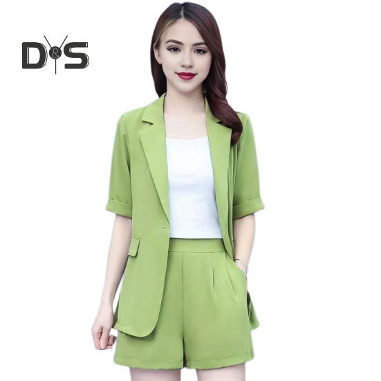 2 Piece Women Casual Outfit Lapel Short Sleeve Blazer Shorts Solid Color OL Style Single Button Blazer Shorts Set Elegant Office Suit