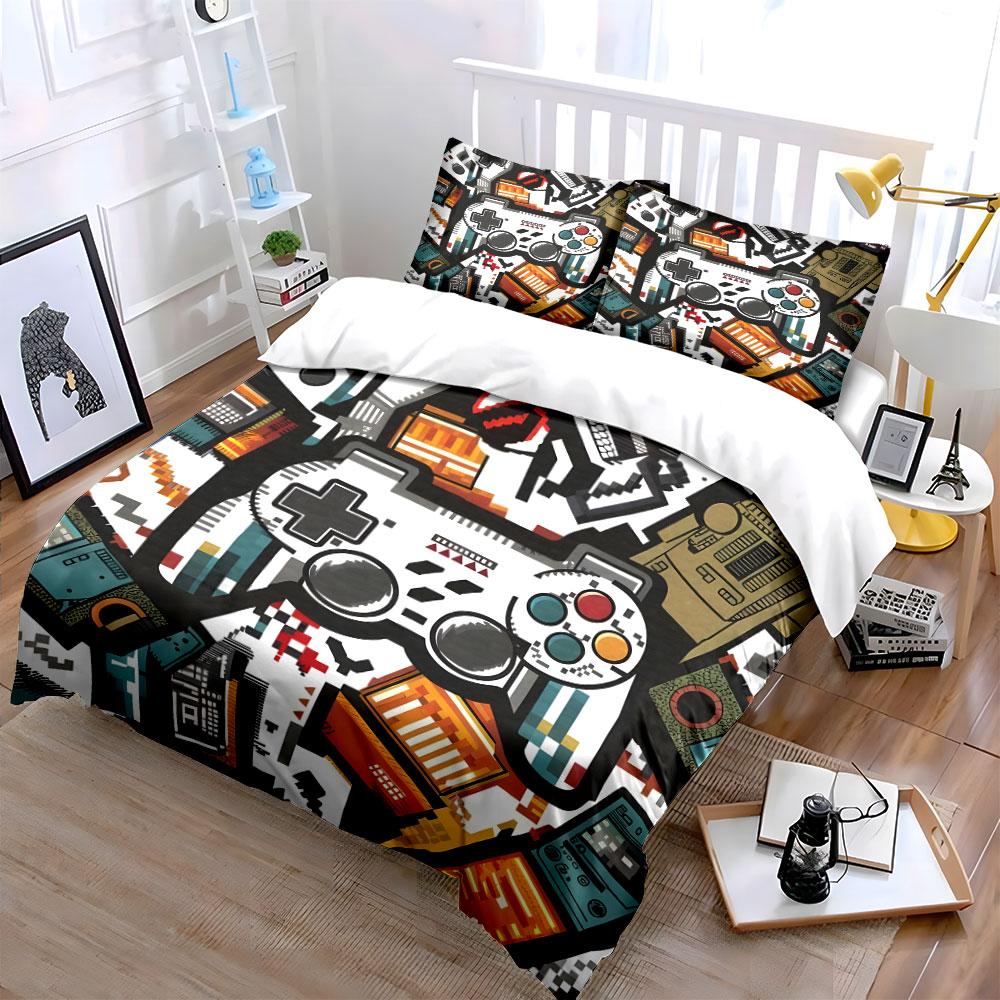 3Pcs Retro Gamer Bedding Set, Vintage Controller and Consoles Print Duvet Cover + 2 Pillowcases, 80s Video Game Decor