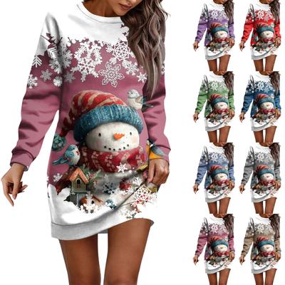 Платье с длинным рукавом для женщин, повседневное рождественское пуловер с принтом, платье на бедрах, платье-свитер