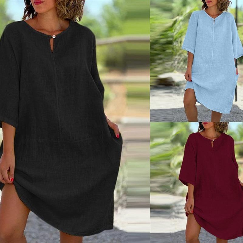 Осеннее хлопковое льняное платье с V-образным вырезом в стиле ретро в стиле пэчворк, однотонное, с рукавами семь четвертей, для женщин
