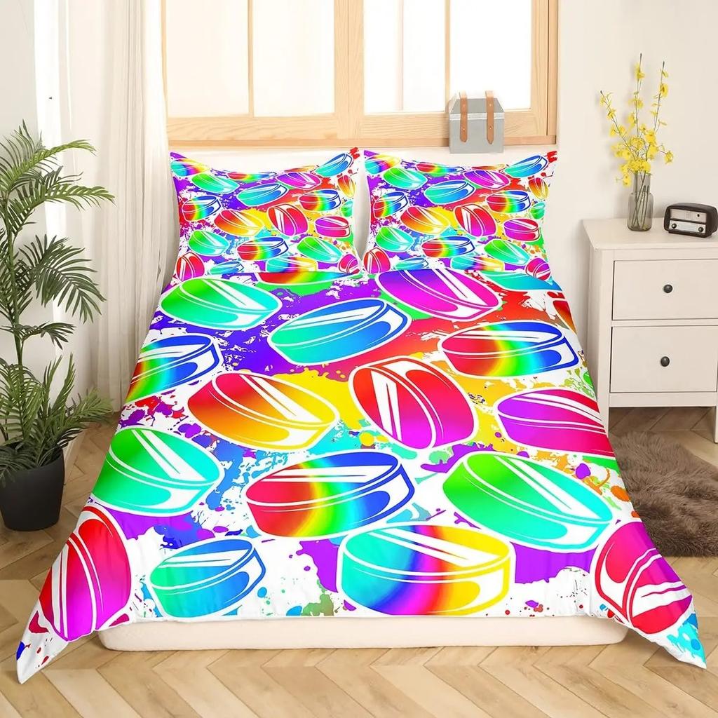 Ice Hockey Duvet Cover Helmet Skates Comforter Cover Winter Ice Sports Games Bedding Set for Boys Puck Hockey Player Quilt Cover