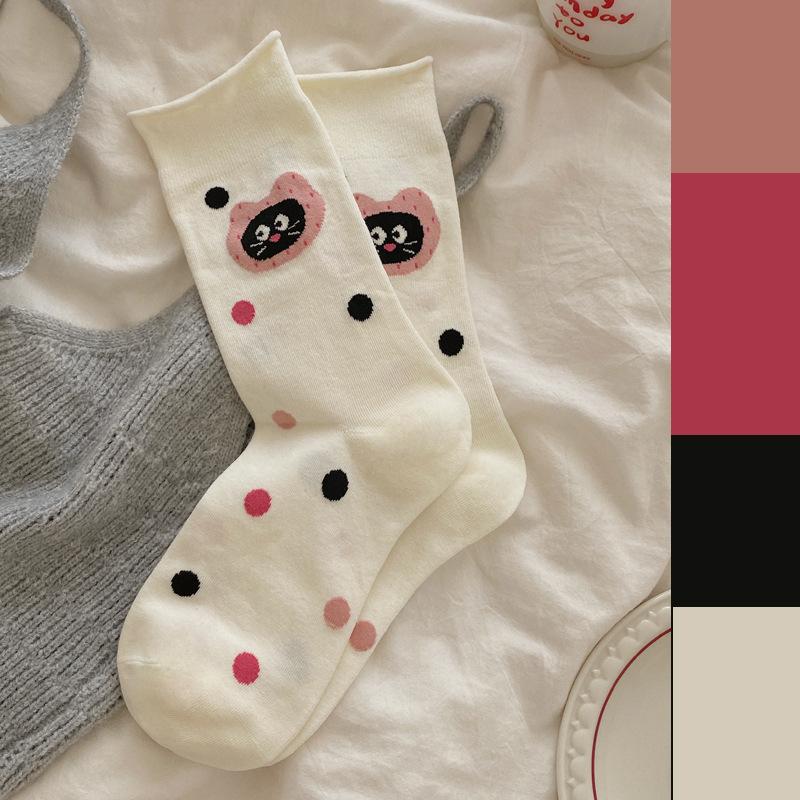 Свернутые носки для женщин, осенние красные и белые носки до середины икры, мультяшные носки-пиле с медведем, полосатые бесшовные носки