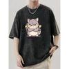 Men's Oversized Cartoon Cat Print T-Shirt Cotton Washed Crew Neck Tee with Kittensaurus Design Streetwear