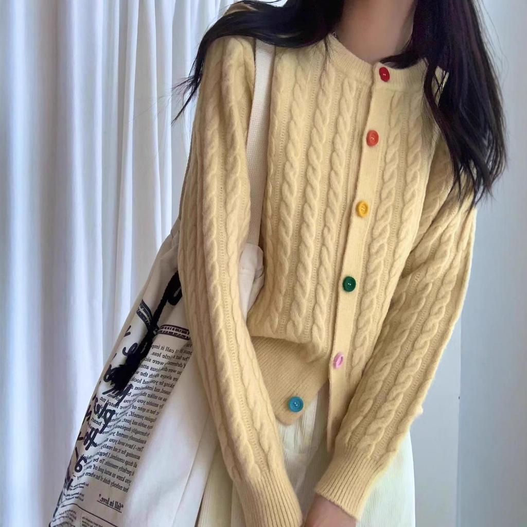 Женский кардиган в стиле ретро с кабельным узором: Мягкий, Теплый, Круглый вырез, на Пуговицах - Повседневный Корейский Стиль для Осени/Зимы.