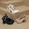 Fashion Soft Leather High Heels Women's New Pearl French Block Heel Mary Jane Gentle Wind Shoes