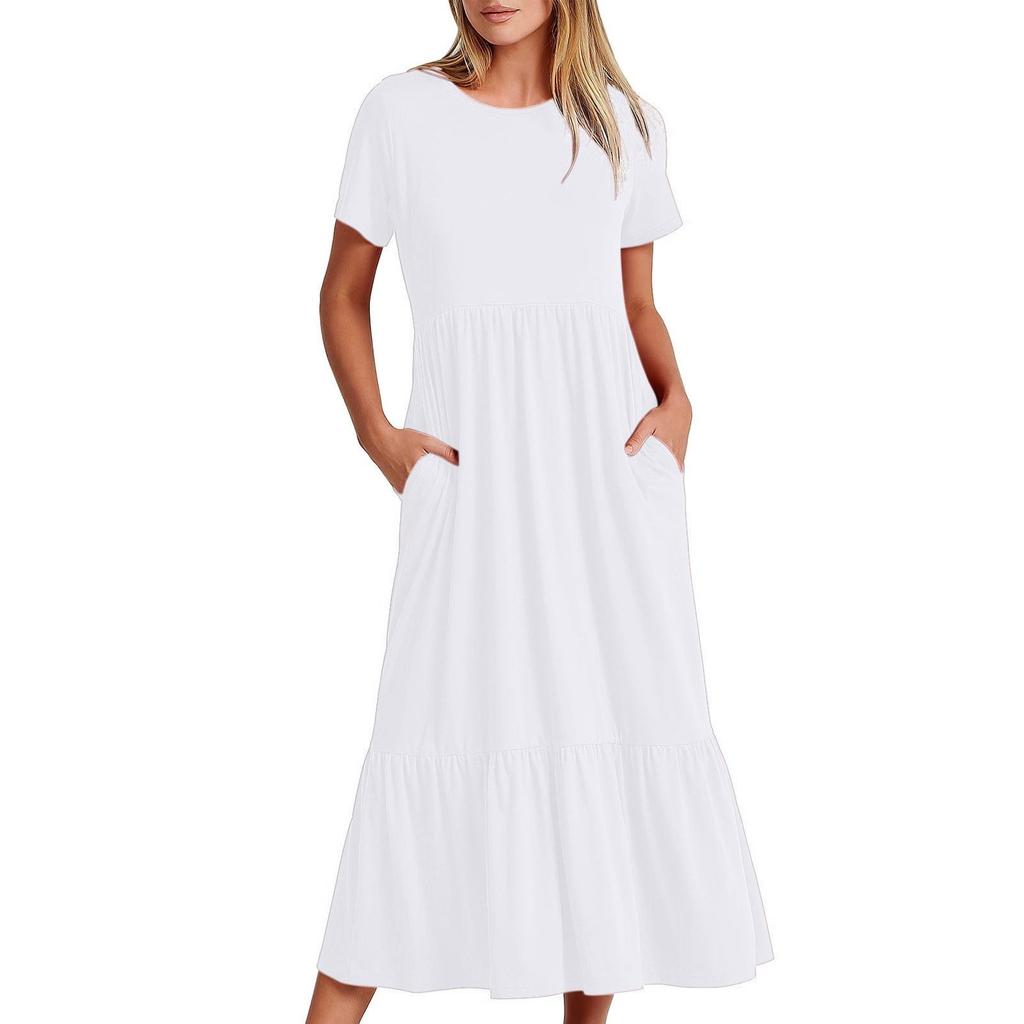Women's Summer Casual Short Sleeve Crewneck Swing Dress Flowy Tiered Maxi Beach Dress With Pockets
