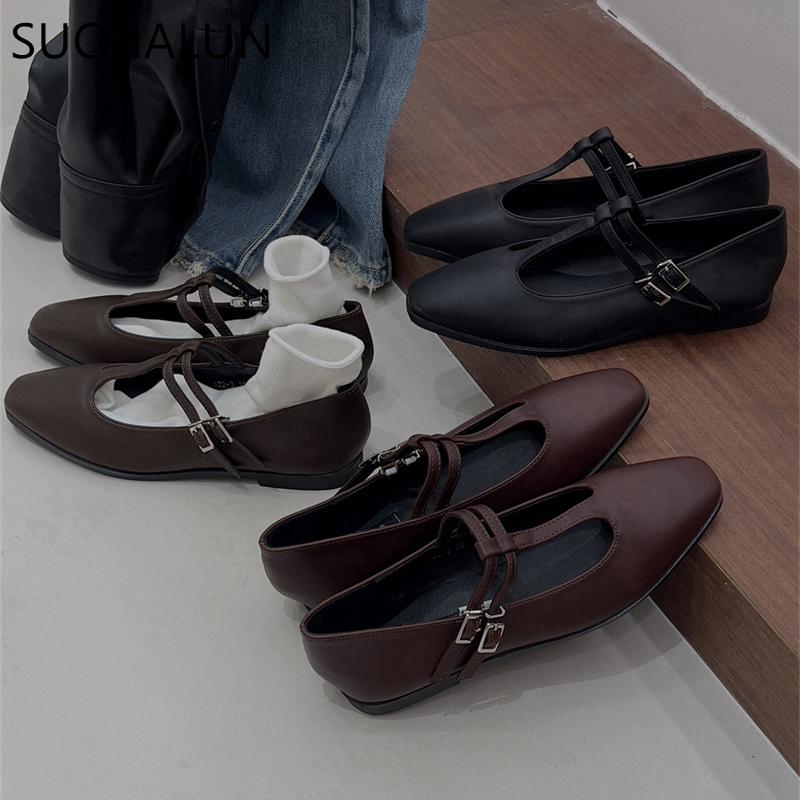 Fashion SUOJIALUN Spring New Women Flat Shoes Fashion Round Toe Shallow Slip On Ladies Mary Jane Shoes Flat Heel Outdoor Dress Ballerina