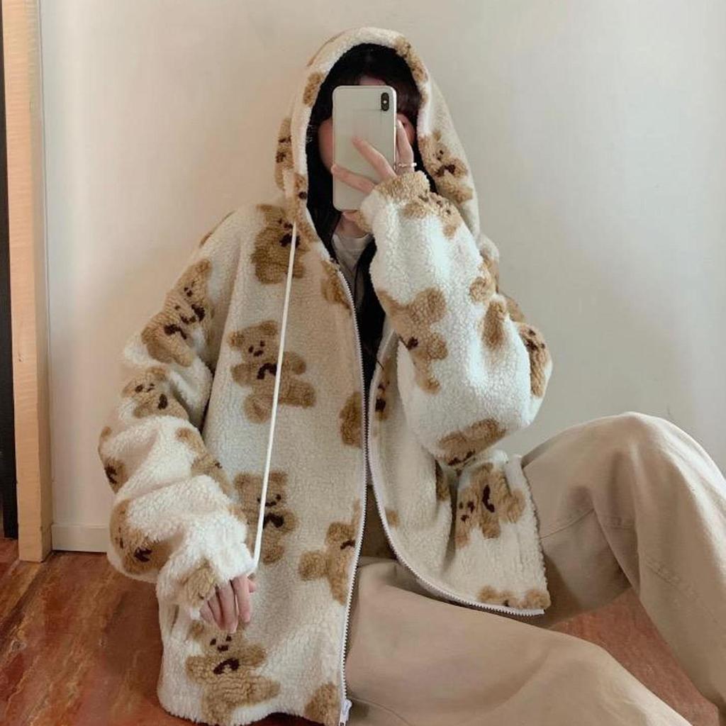 Autumn Winter Women's Hooded Plush Bear Printed Cartoon Sweater Women's Winter Warm Jacket Fleece Jacket