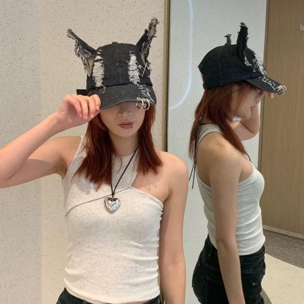 Rabbit Ripped Denim Baseball Cap Puppy Bunny Ears Snapback Cap Chains Doberman Ears Hat Girl