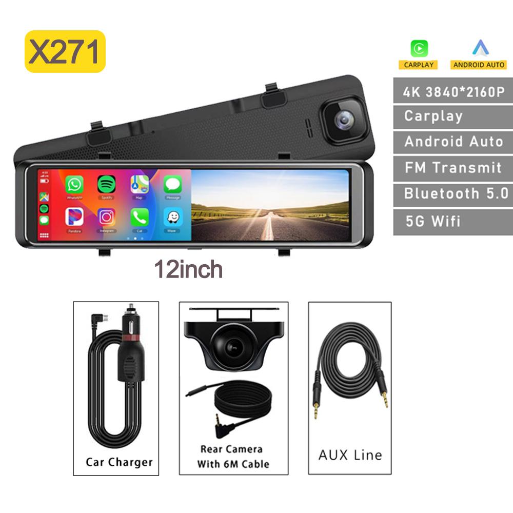 4K Rearview Mirror Car DVR Carplay Android Auto 12inch Front and Rear Camera Bluetooth FM Dash Cam for Car Camera for Vehicle