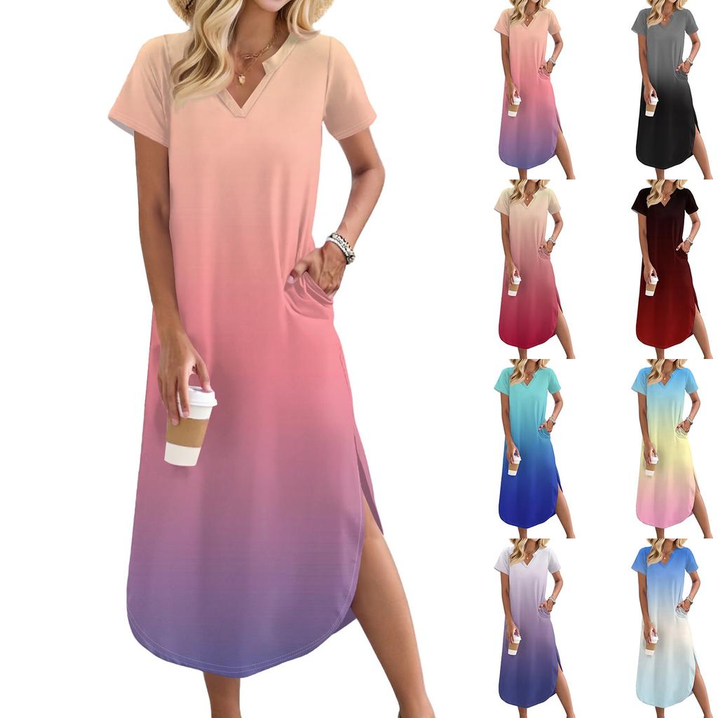 Женское длинное платье-рубашка с V-образным вырезом, повседневное, с коротким рукавом и свободным разрезом
