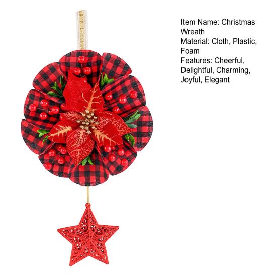 Christmas Wreath Decoration Red Artificial Poinsettias Buffalo Plaid Wreath With Star/Tree Ornament