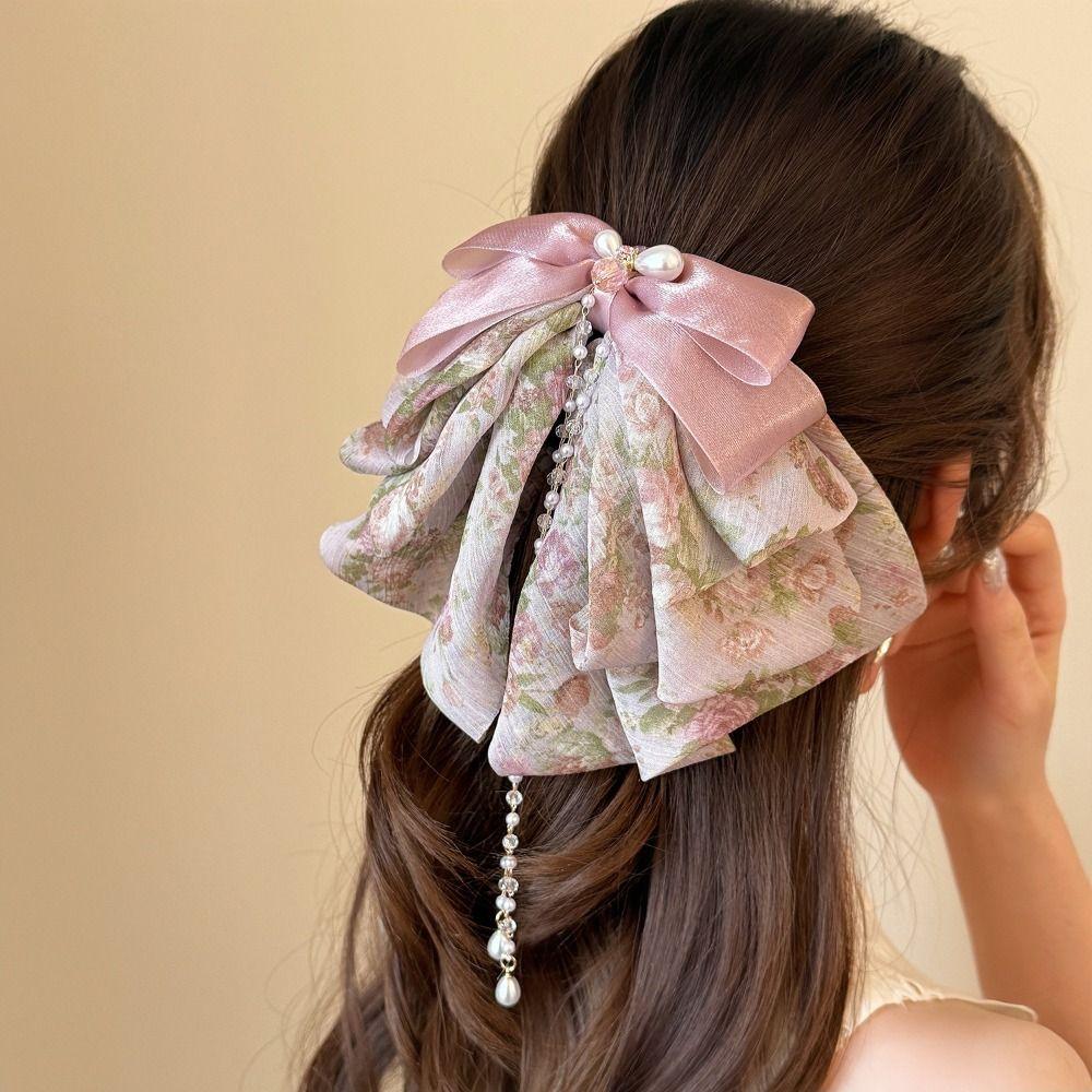 Grab Clip Chiffon Bowknot Hair Clip Floral Flower Hairpin Large Size Bow Ribbon Hair Claw  Travel